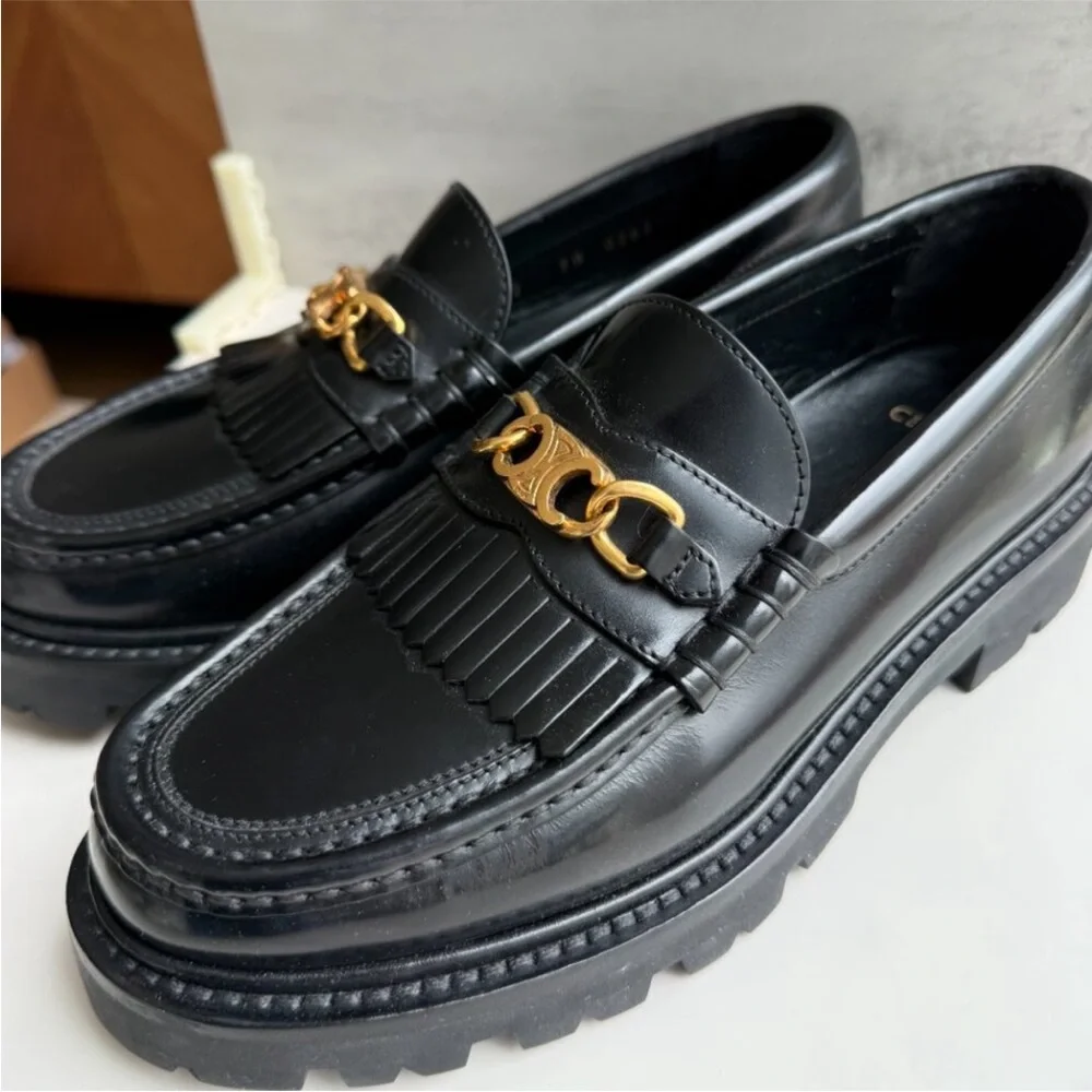 Authentic New Celine Loafers w/ Gold Triomphe Chain 37